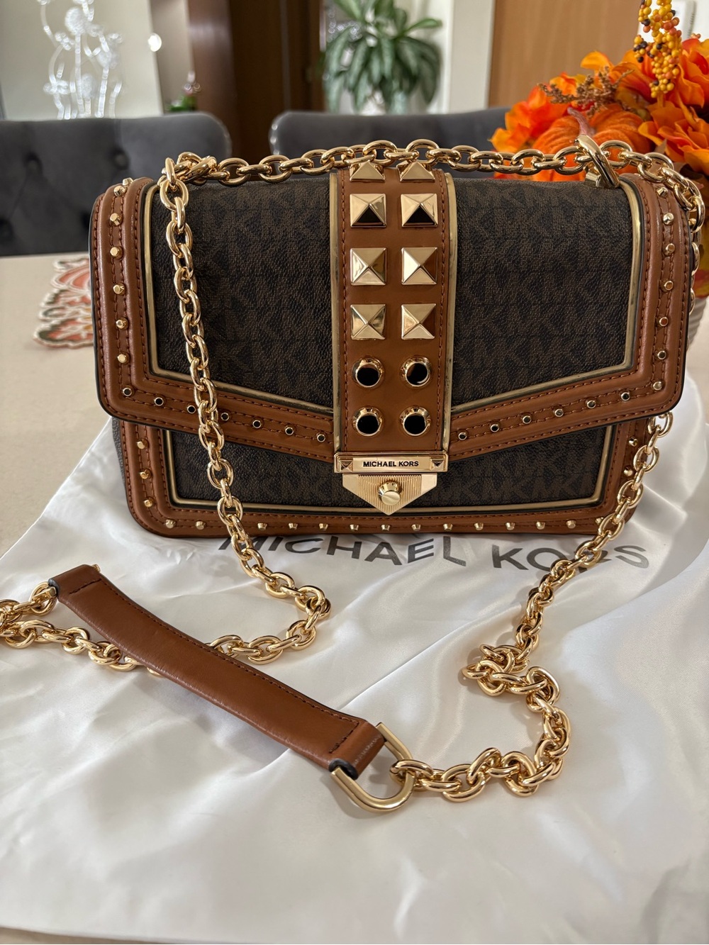 Michael Kors Brown Logo Studded Chain Shoulder Bag with Gold Hardware